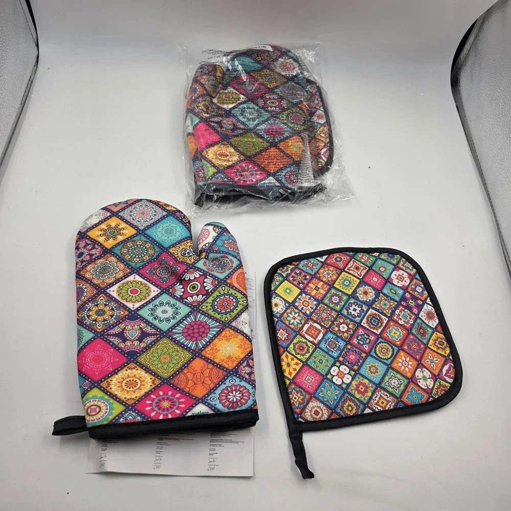 Mandala Patchwork Oven Mitt and Pot Holder Set 3 Piece Colorful Boho Kitchen L4